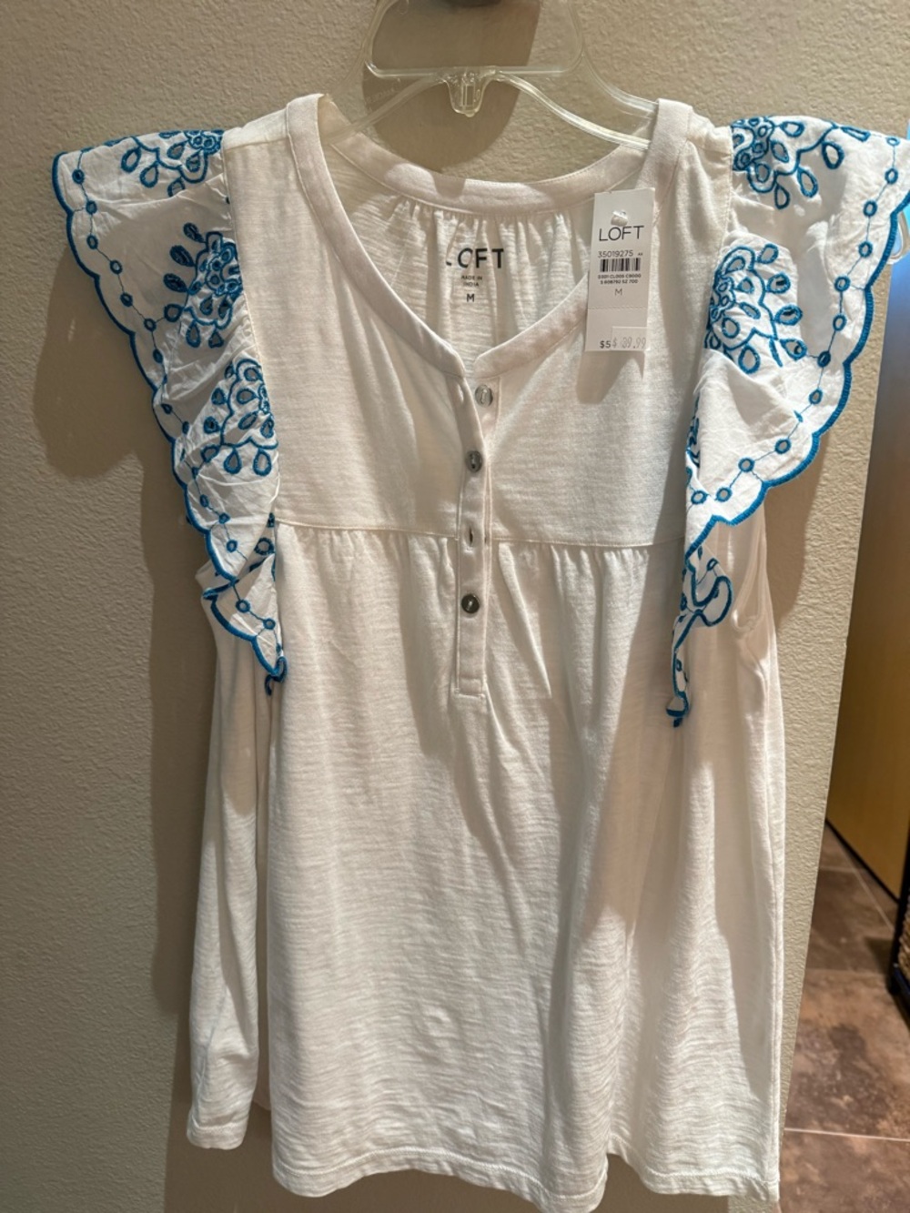 LOFT White Henley with Blue Embroidered Ruffle Sleeves